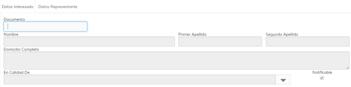2. Pestañas de Interesado y Representante
